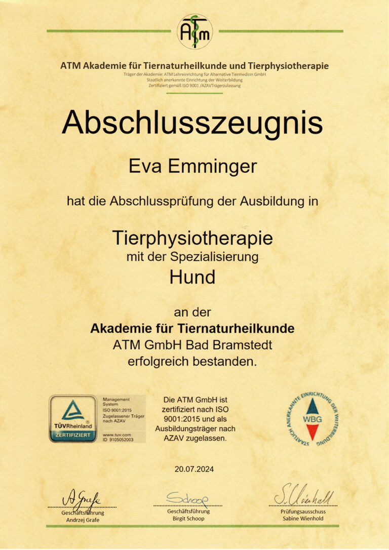 Abschlusszeugnis Hundephysiotherapie ATM